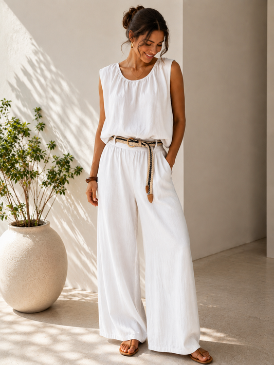 Italian Linen Wide-Leg Set- White