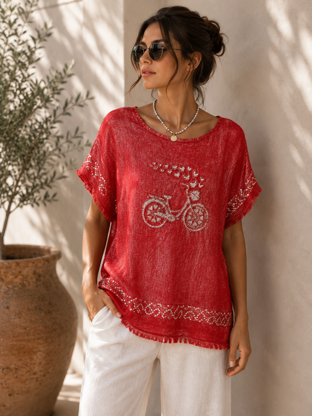 Red Italian Linen Bicycle Top