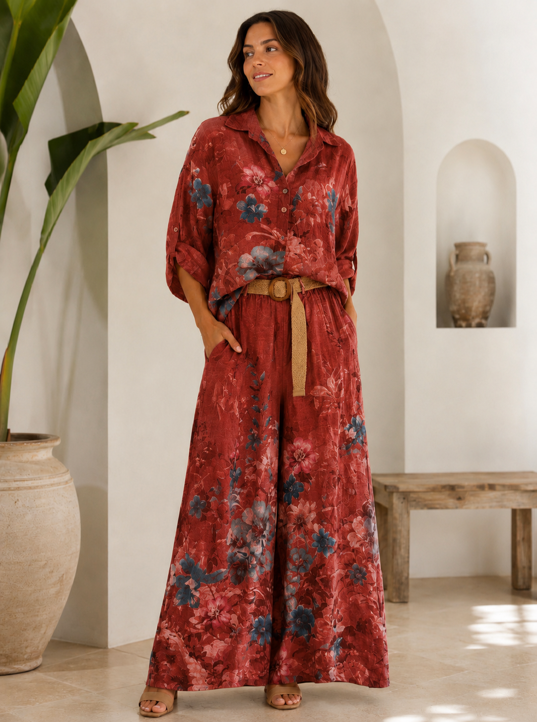 Copper Italian Floral Linen Two-Piece Set