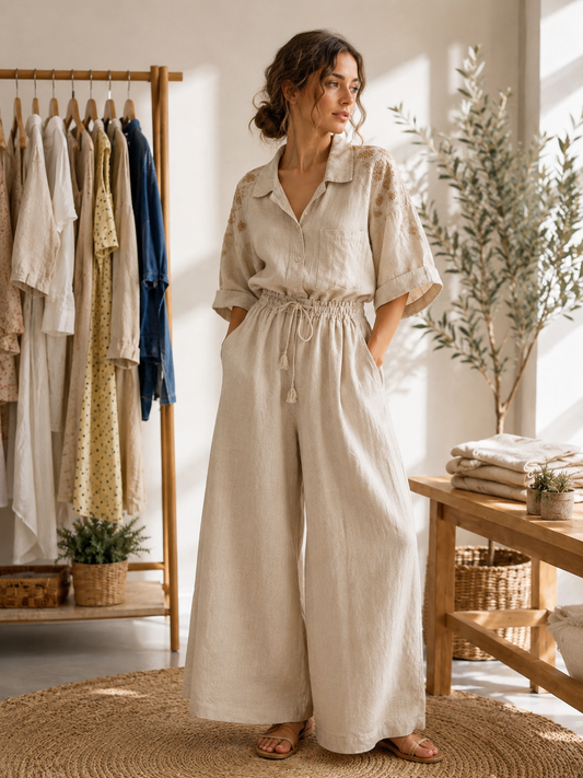 Beige Set with Blouse and Pant-One Size