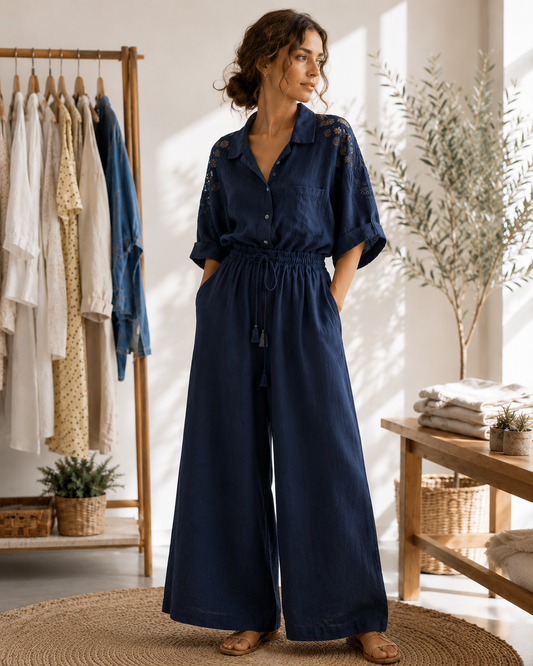 Navy Set with Blouse and Pant-One Size