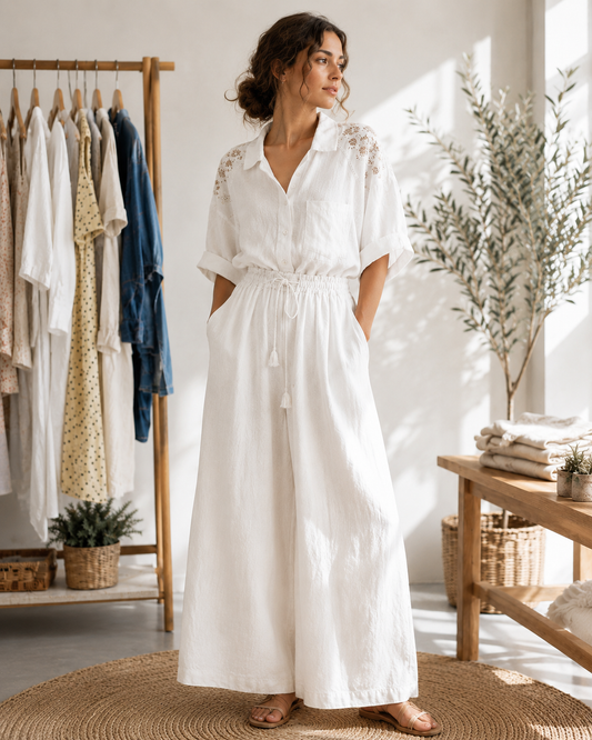 White Set with Blouse and Pant-One Size