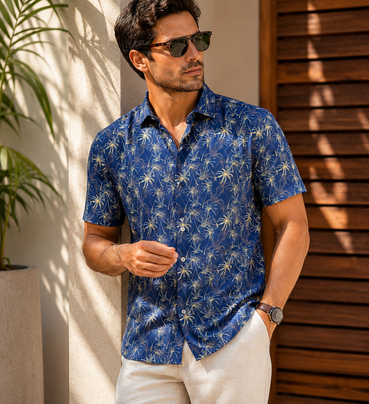 Men's Shirt with Blue and Beige Print