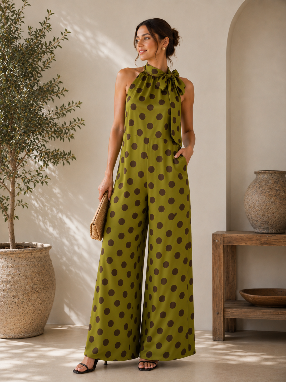 Polka Dot Halter Wide-Leg Jumpsuit Green