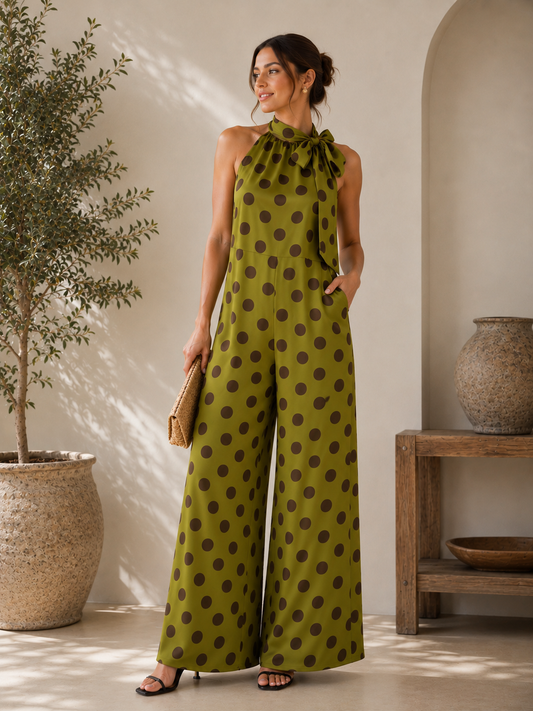Polka Dot Halter Wide-Leg Jumpsuit Green