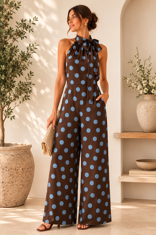 Polka Dot Halter Wide-Leg Jumpsuit Brown Blue