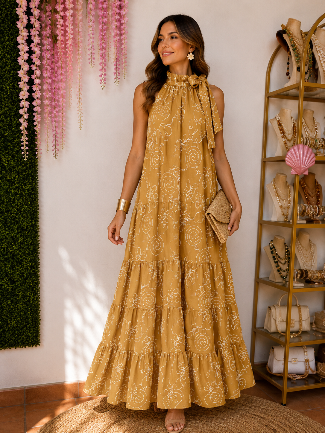Luna Embroidered Halter Dress Mustard
