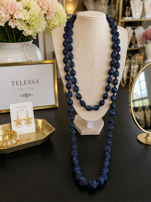Silk Bead Statement Necklace Navy