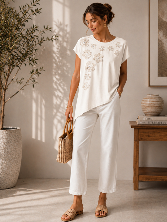 Ivory Floral Appliqué Asymmetrical Top