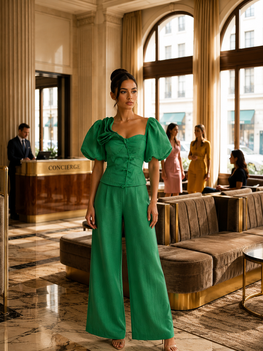 Rosette Linen Wide-Leg Set- Green