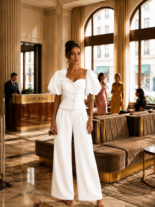 Rosette Linen Wide-Leg Set-White