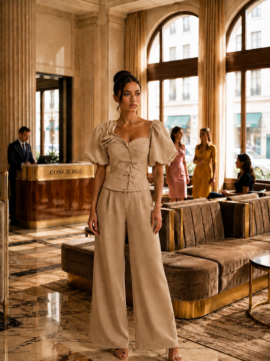 Rosette Linen Wide-Leg Set-Beige