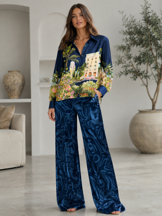 Botanical Resort Satin Set Navy