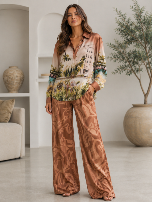 Botanical Resort Satin Set Brown