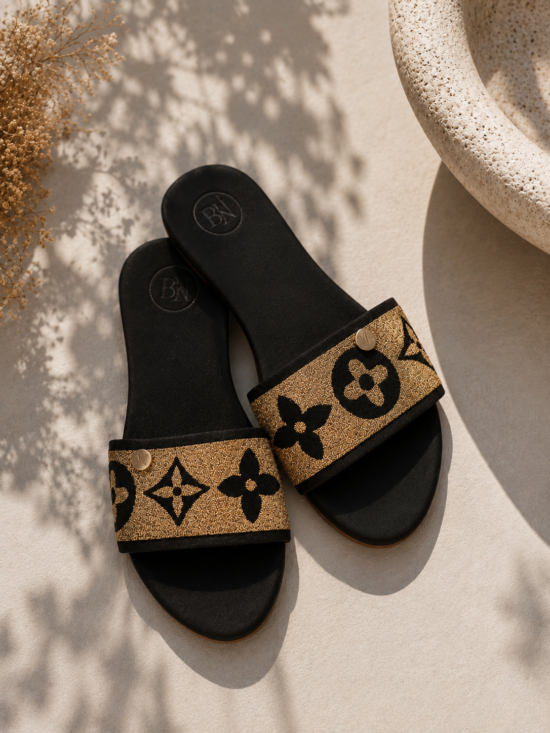 Black Luxe Monogram Slide Sandals