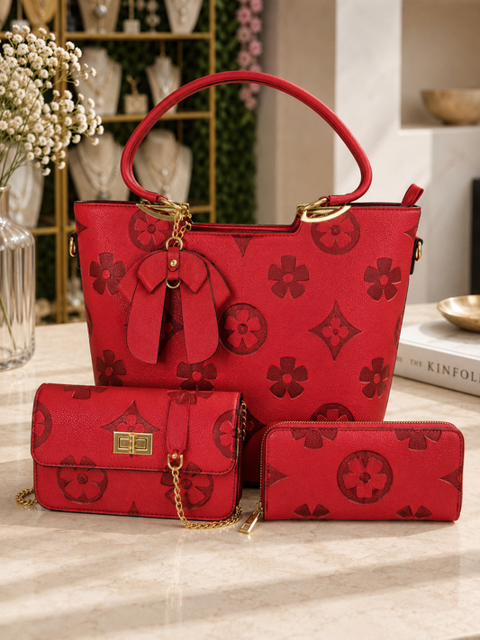 Red Monogram Luxe 3 In One Handbag Set
