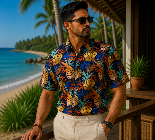 Mens Strech Button Down Shirt Multicolors Leaf Print