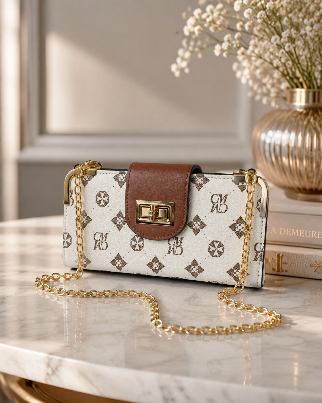 White Monogram Chain Wallet Crosbody