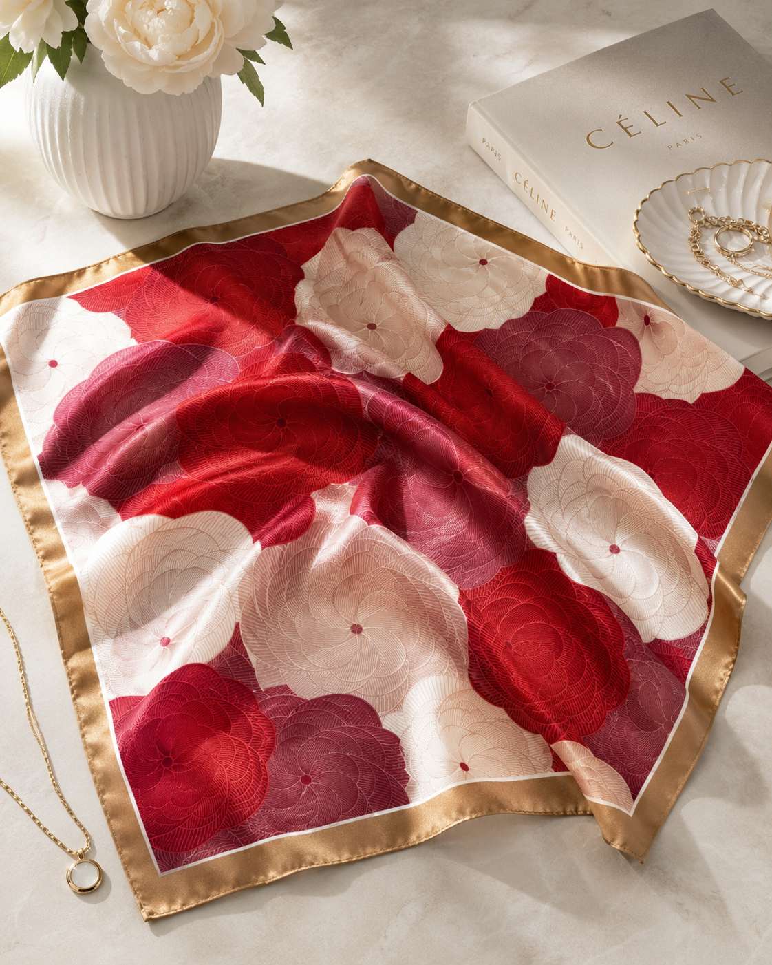 Red Bloom Satin Scarf