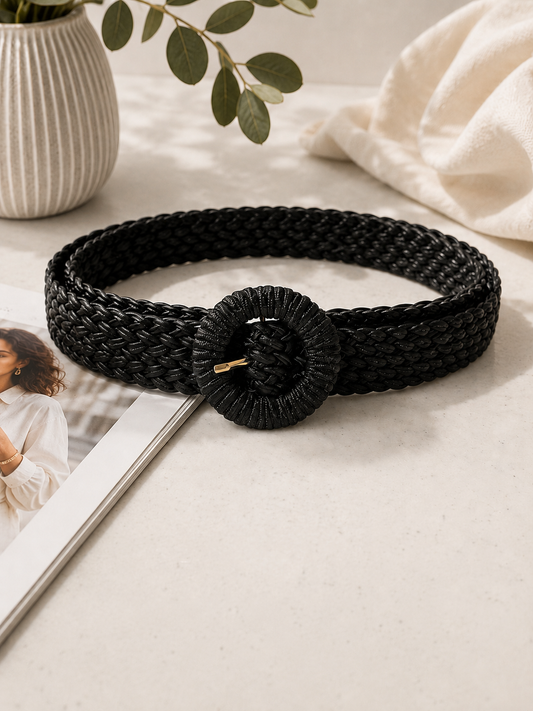 Black Woven Round Buckle Belt