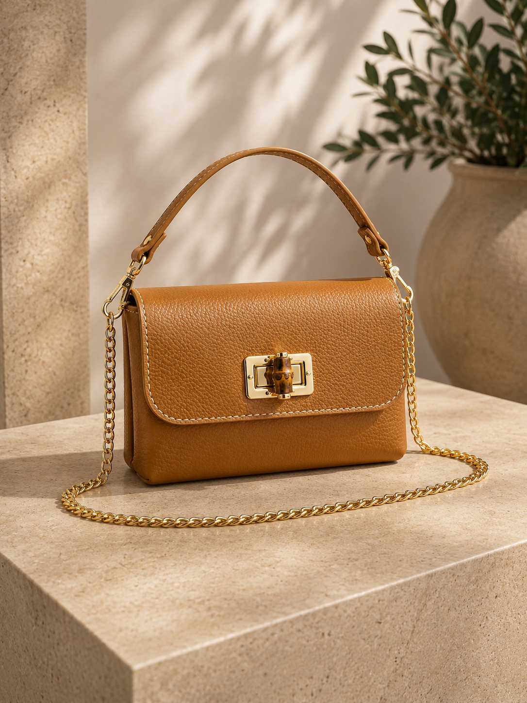 Beige Bamboo Clasp Leather Mini Handbag