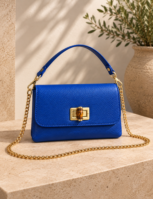 Blue Bamboo Clasp Leather Mini Handbag