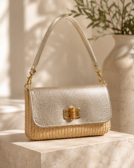 Champagne Bamboo Clasp Leather Mini Handbag