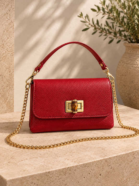 Red Bamboo Clasp Leather Mini Handbag