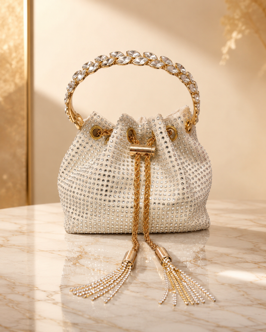 Ivory Crystal Tassel Bucket Bag