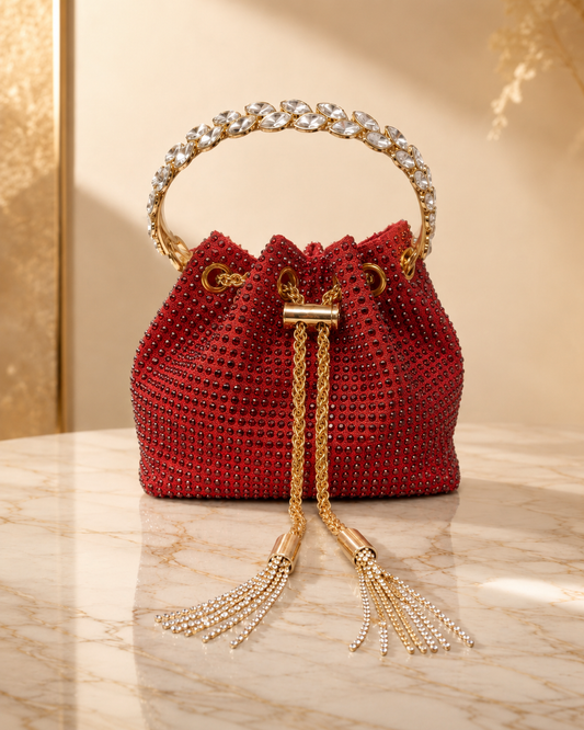 Red Crystal Tassel Bucket Bag