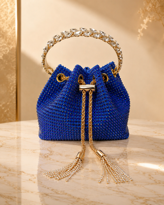 Blue Crystal Tassel Bucket Bag