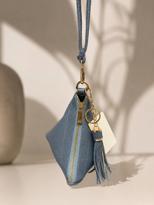 Pebbled Leather Wristlet Pouch – Steel Blue