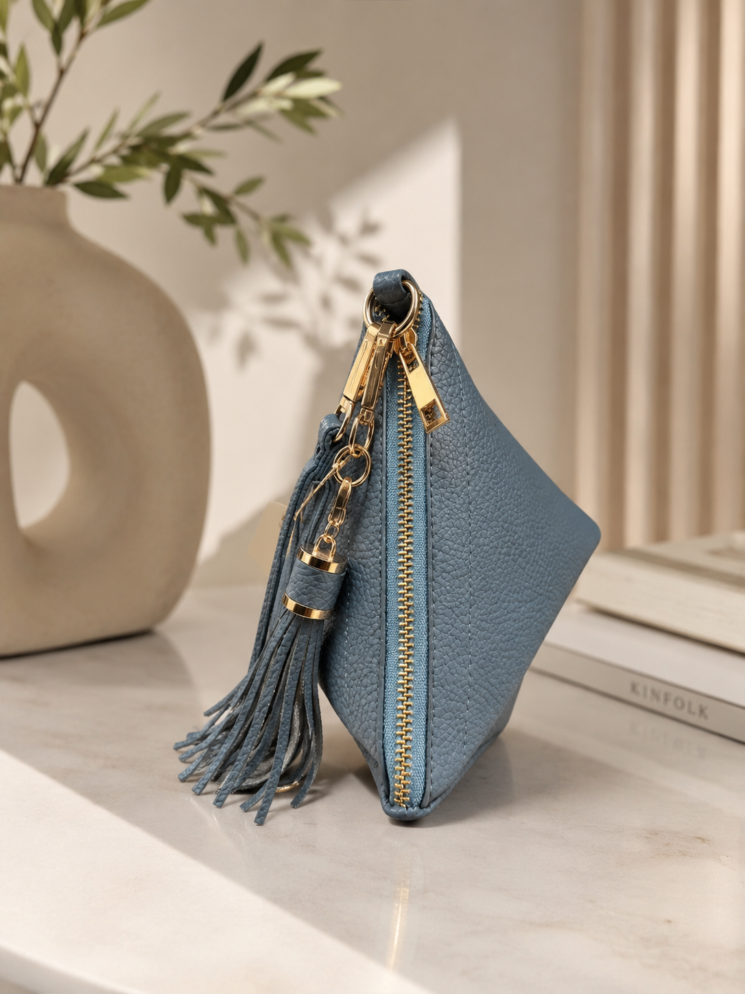 Pebbled Leather Wristlet Pouch – Steel Blue