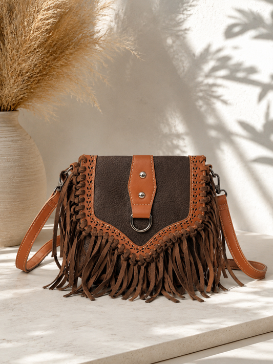 Dark Brown Boho Fringe Crossbody Bag