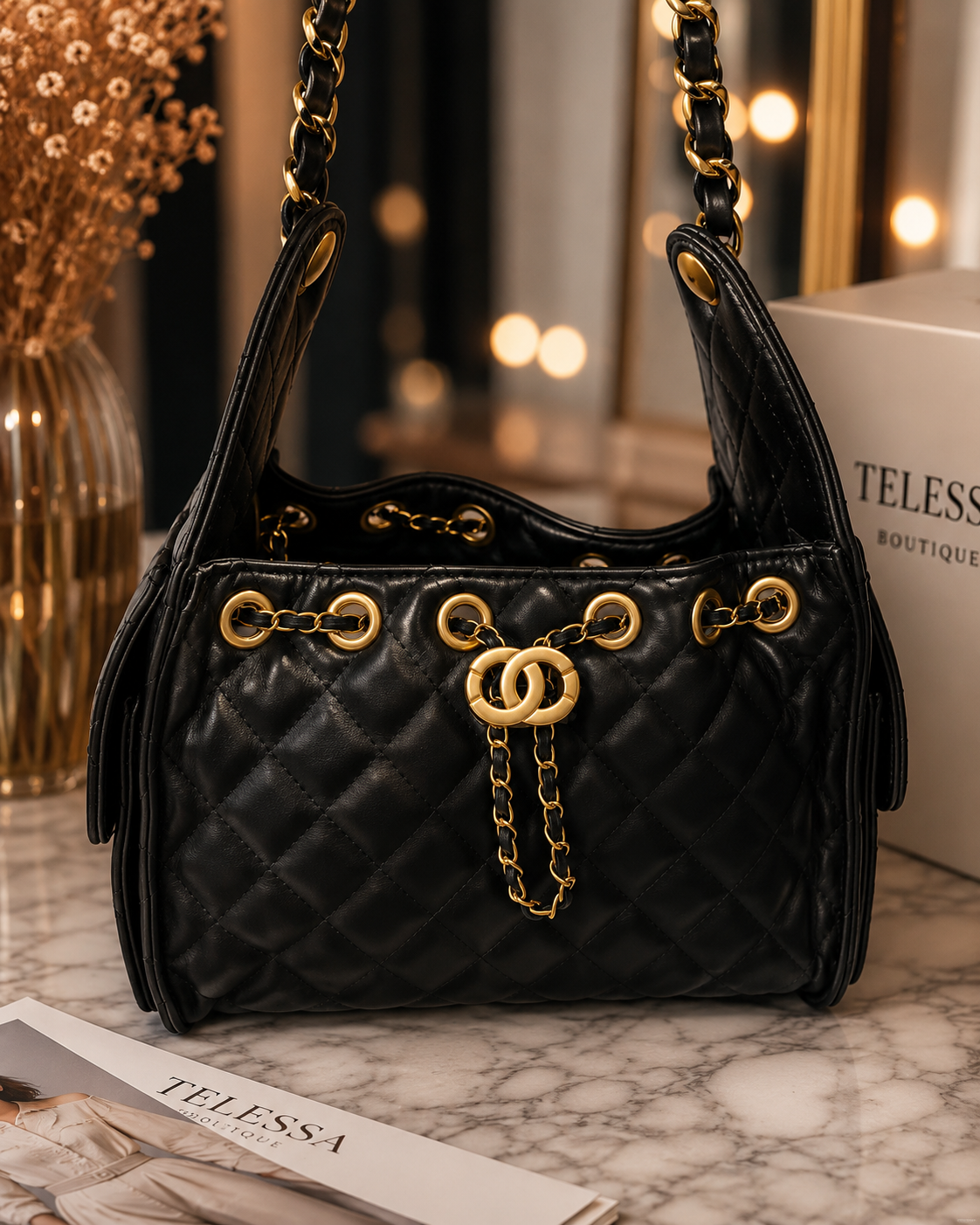 Black Luxe Quilted Handbag CC
