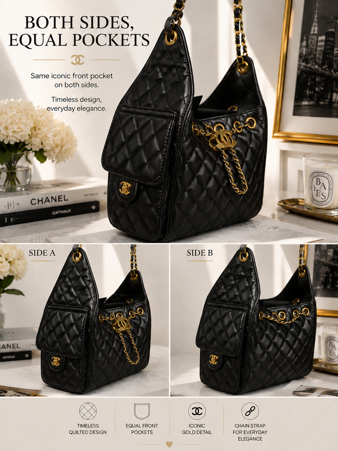 Black Luxe Quilted Designer Inspired Handbag CC