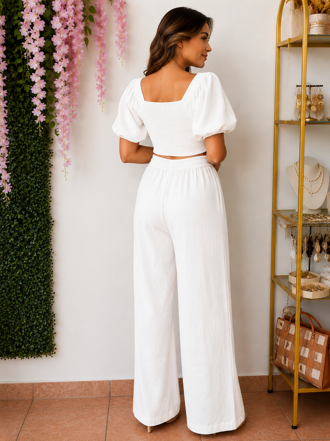 Rosette Linen Wide-Leg Set-White