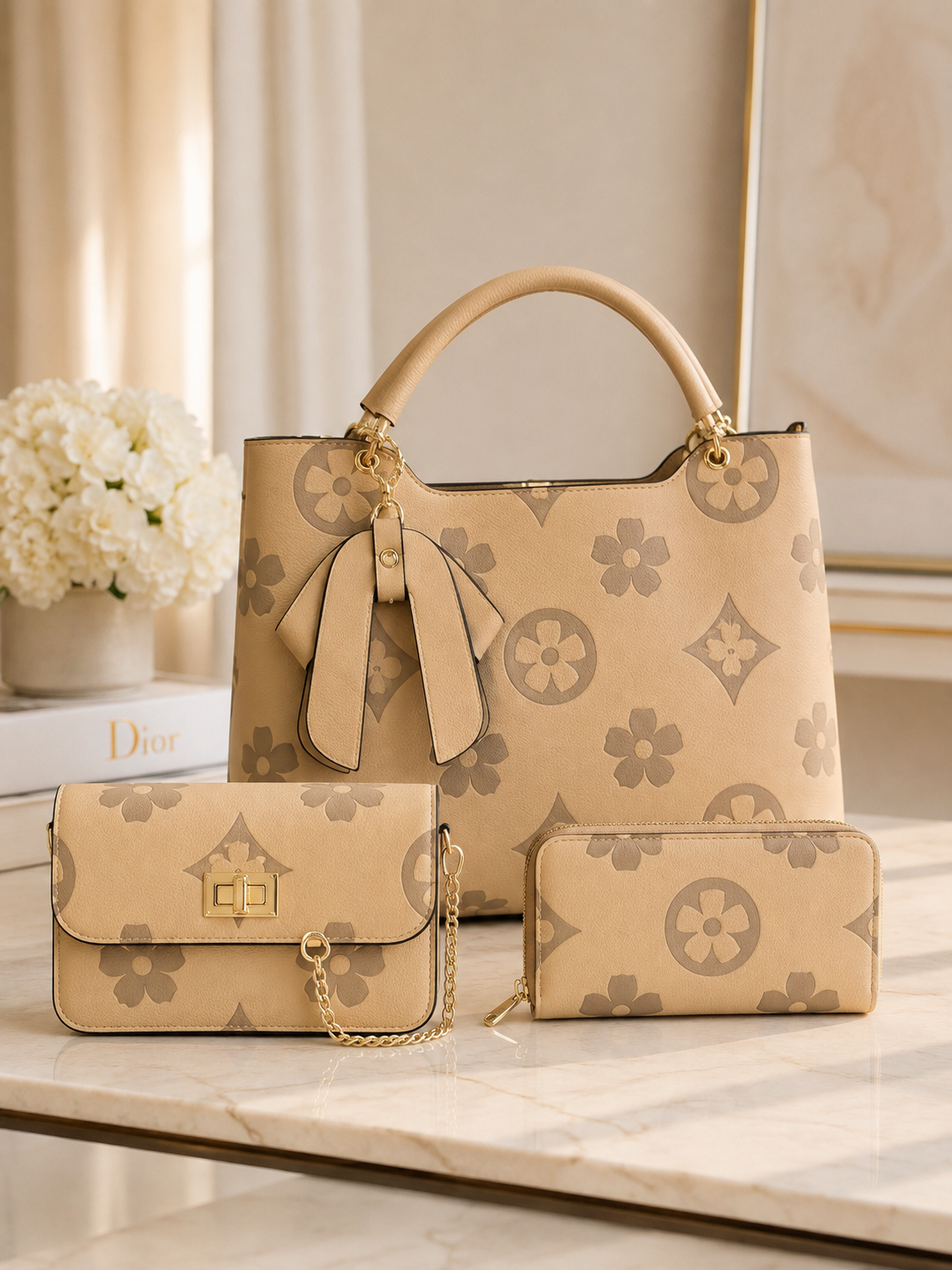 Beige Monogram Luxe 3 In One Handbag Set