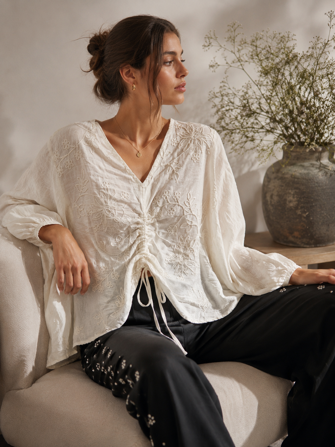 Ivory Italian Embroidered Drawstring Blouse