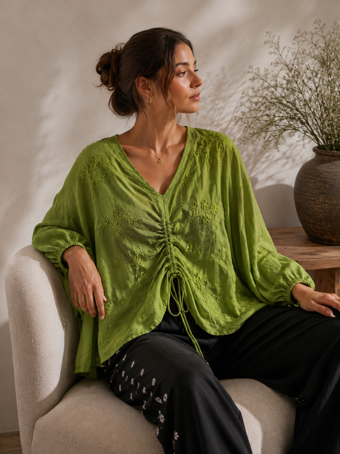 Green Italian Embroidered Drawstring Blouse