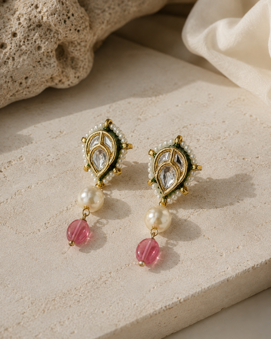 Pink Pearl Kundan Drop Earrings