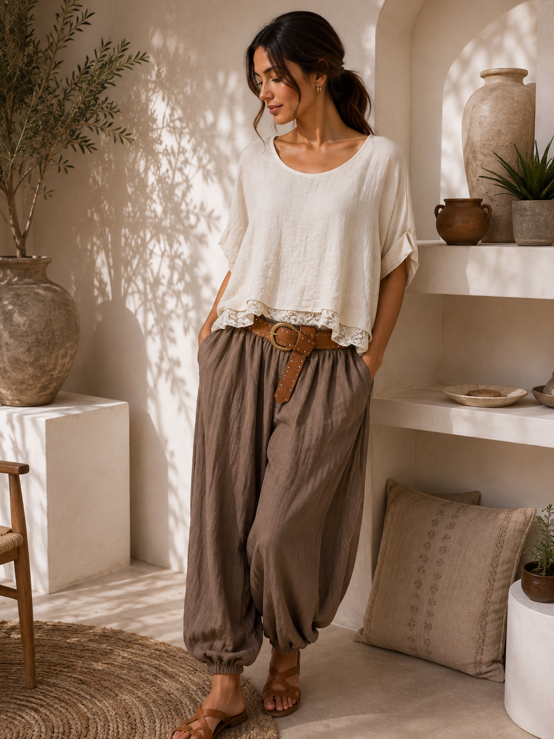 Beige and Brown Italian Boho Lace Set