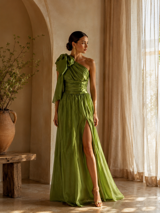 Sweetheart One Shoulder Tie Maxi Dress Green
