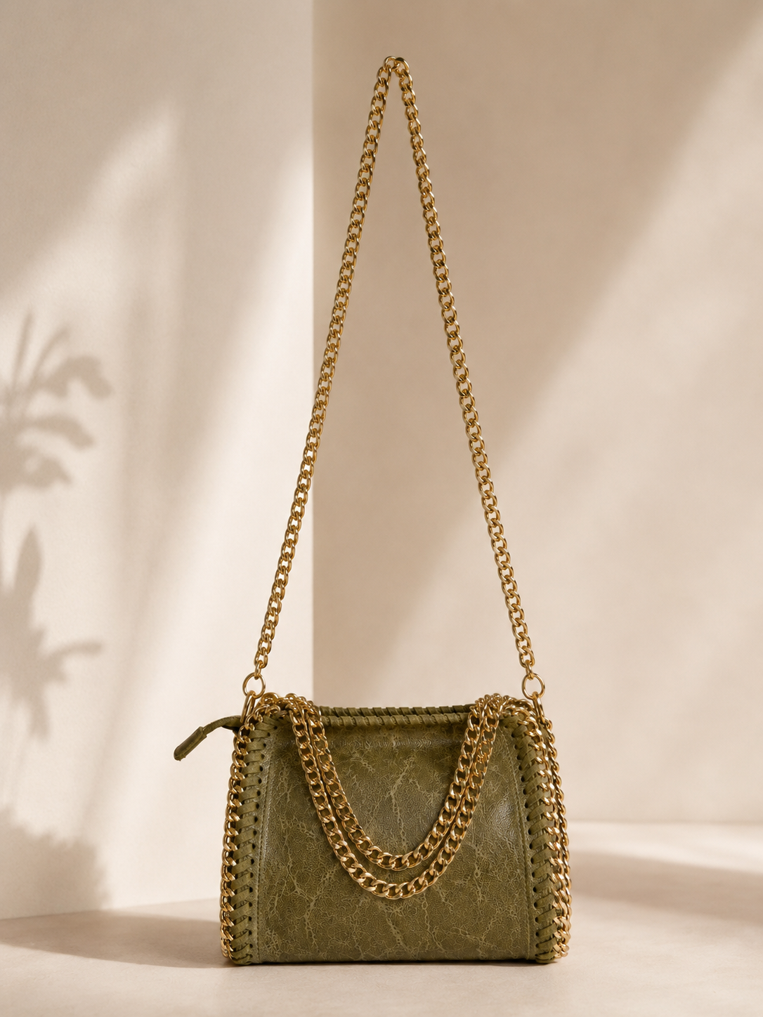 Italian Luxe Chain  Leather Bag – Olive