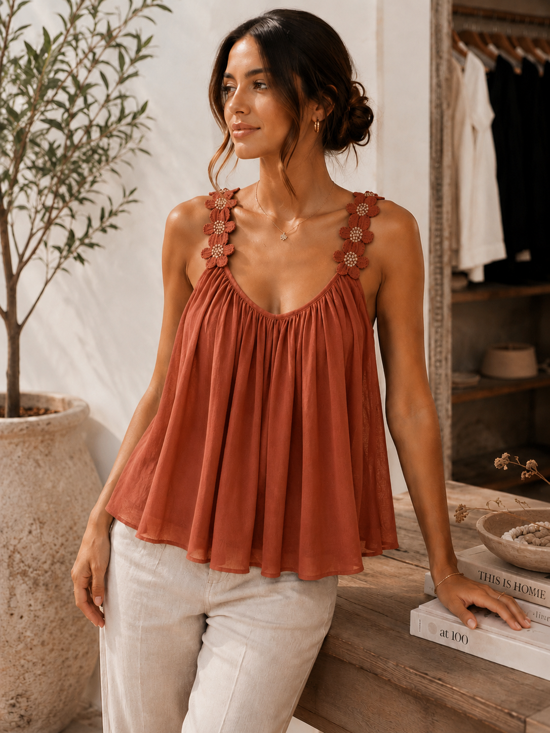Italian Golden Bloom Flowy Top Brick
