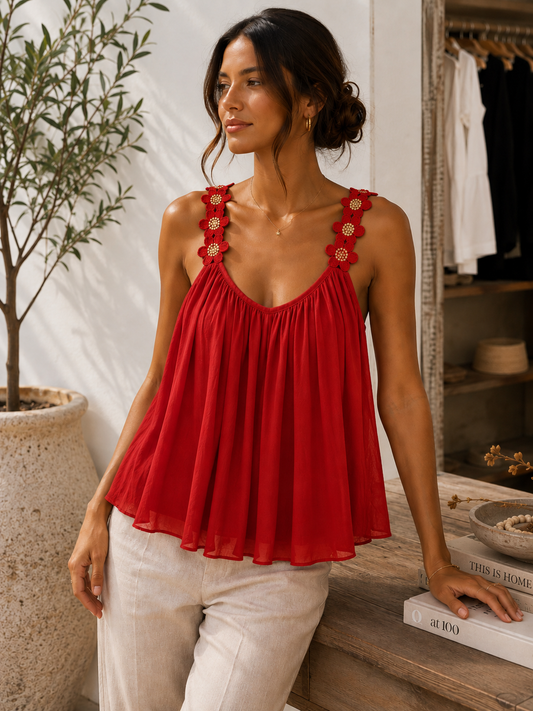 Italian Golden Bloom Flowy Top Red