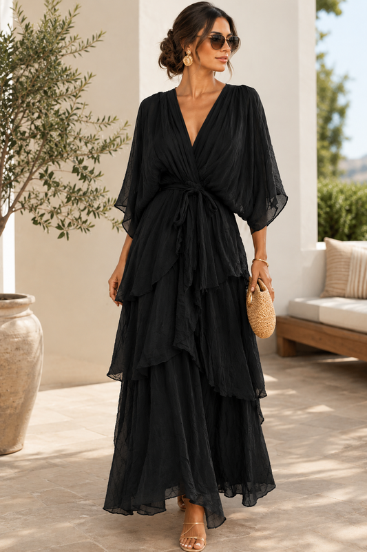 Black Serena Pearl-Finish Maxi Dress