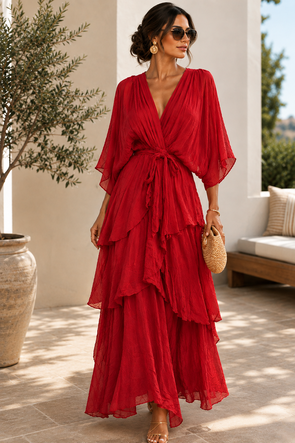 Red Serena Pearl-Finish Maxi Dress