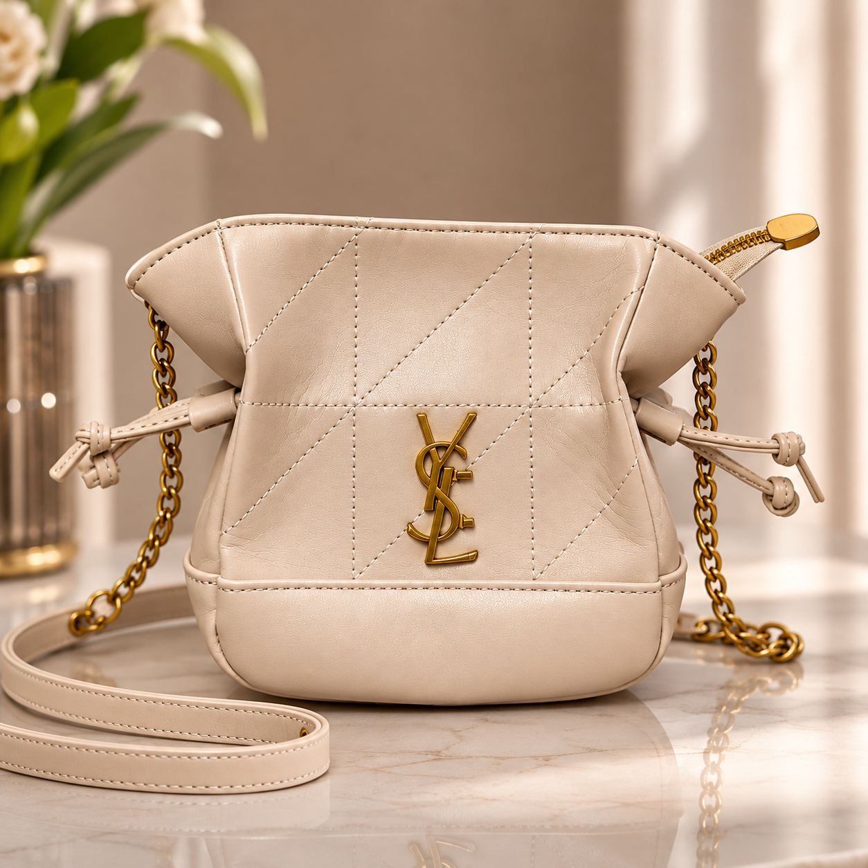 Beige Luxe Quilted Mini Crossbody Bag YSL