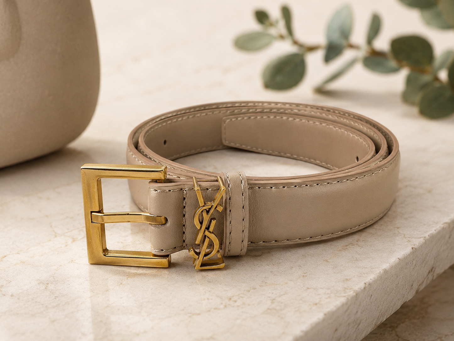 Designer Inspired Monogram Buckle Belt Beige